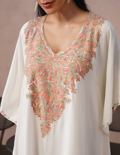 Off-White Rayon Kaftan – Multicolor Aari Embroidery | Light Summer Ethnic Wear - Kashmir Box