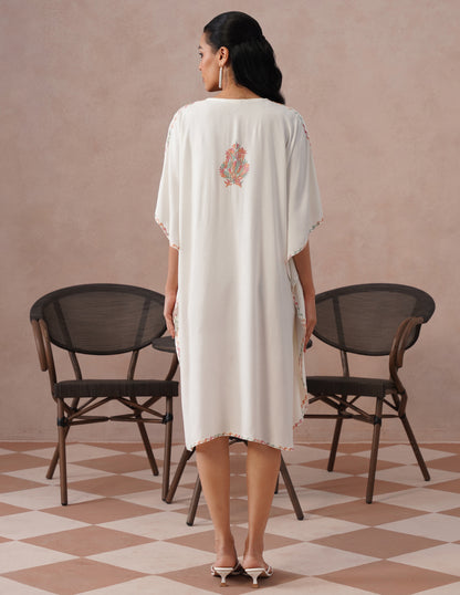 Off-White Rayon Kaftan – Multicolor Aari Embroidery | Light Summer Ethnic Wear - Kashmir Box