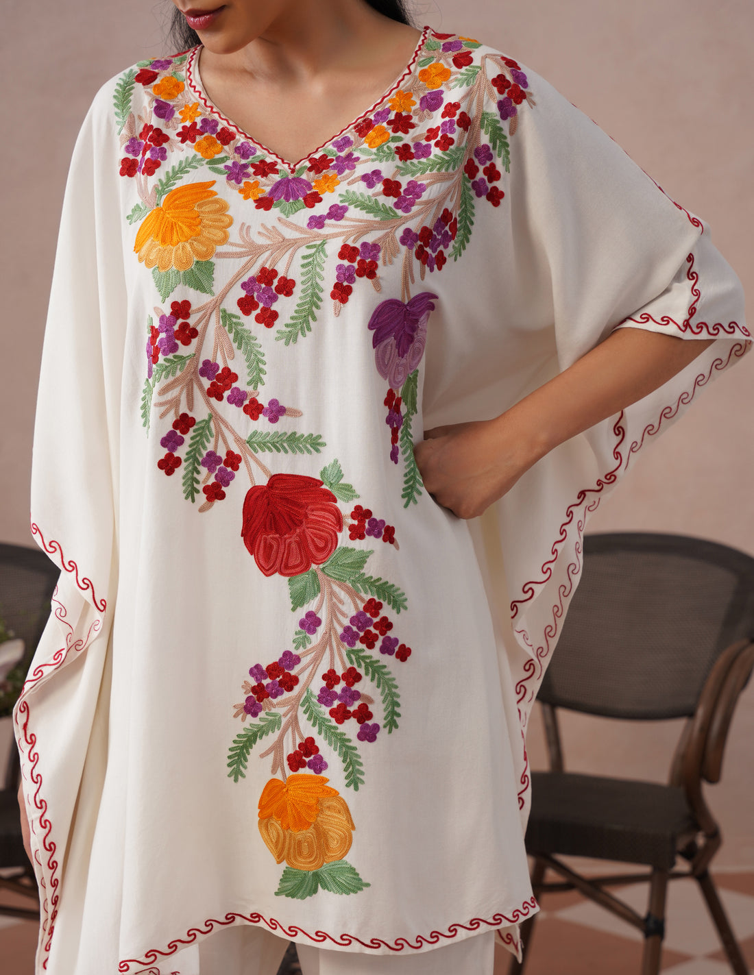 White Rayon Kaftan Set – Multicolor Aari Embroidery | Summer Ethnic Comfort Wear - Kashmir Box
