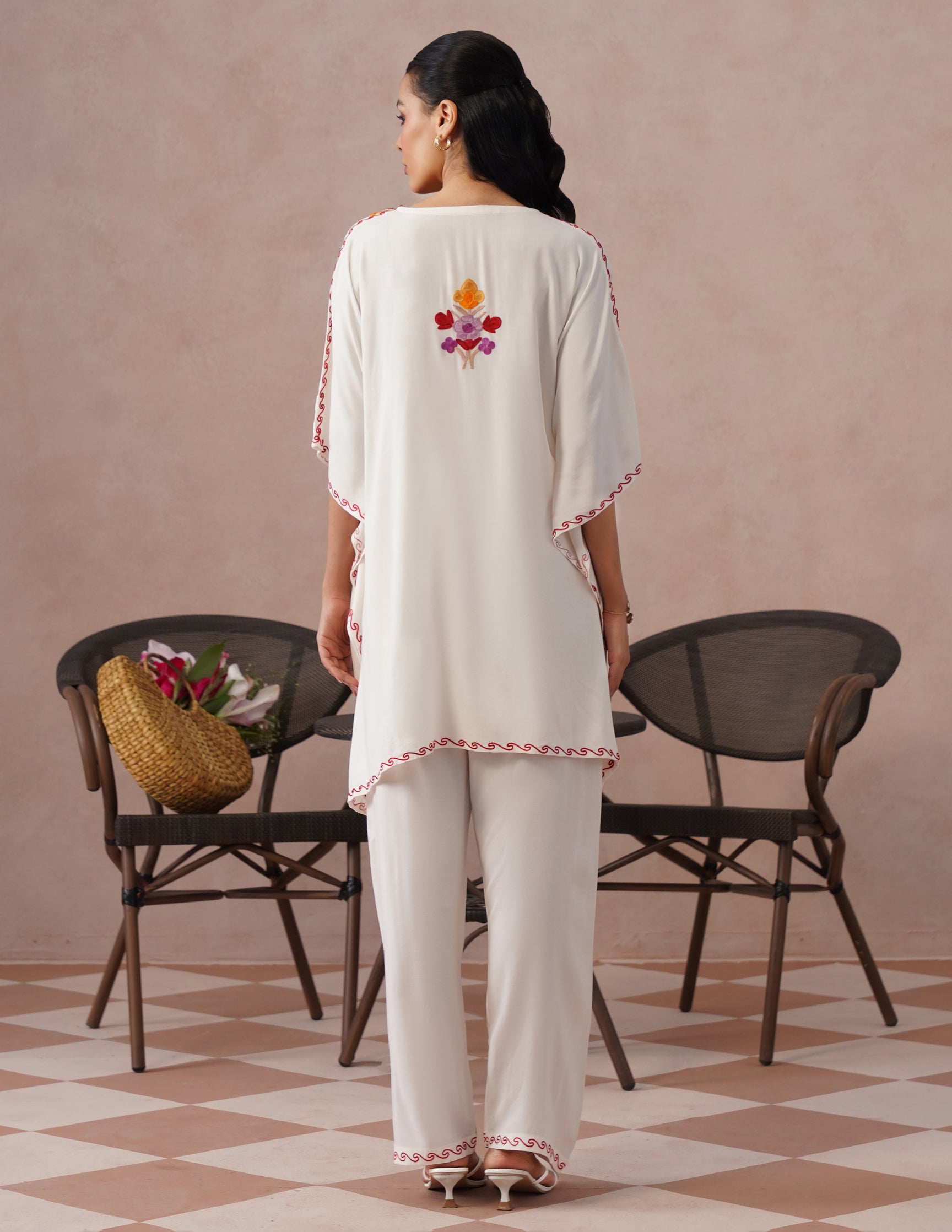 White Rayon Kaftan Set – Multicolor Aari Embroidery | Summer Ethnic Comfort Wear - Kashmir Box