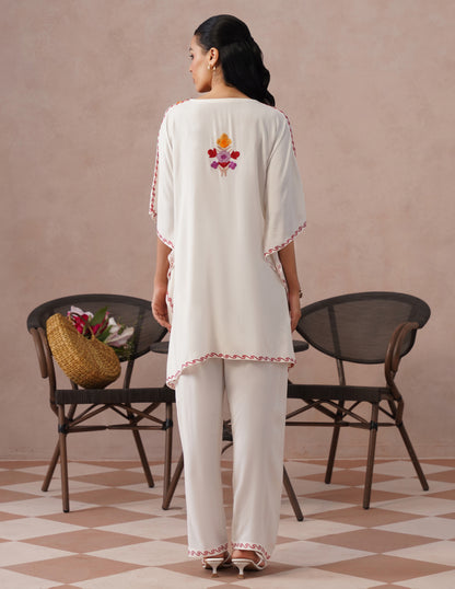 White Rayon Kaftan Set – Multicolor Aari Embroidery | Summer Ethnic Comfort Wear - Kashmir Box