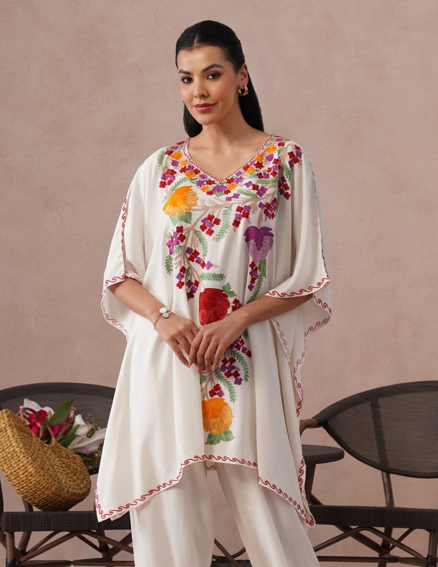 White Rayon Kaftan Set – Multicolor Aari Embroidery | Summer Ethnic Comfort Wear - Kashmir Box
