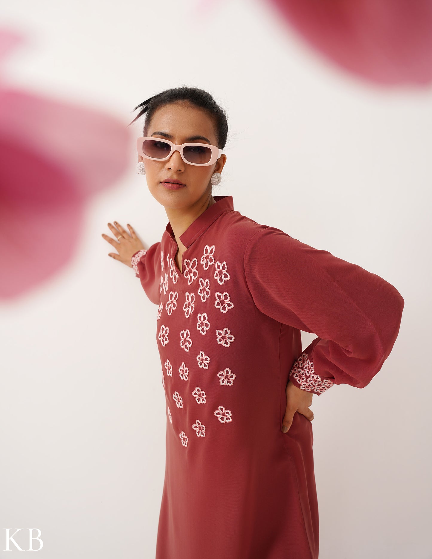 Berry Artisanal Embroidered Blush Balloon Sleeves Georgette Tunic - Kashmir Box