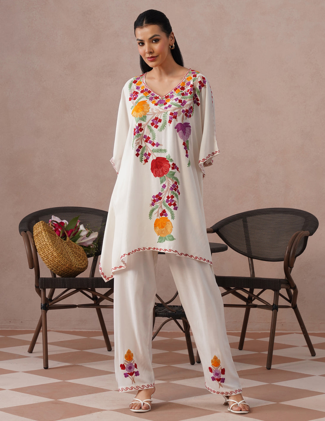 White Rayon Kaftan Set – Multicolor Aari Embroidery | Summer Ethnic Comfort Wear - Kashmir Box
