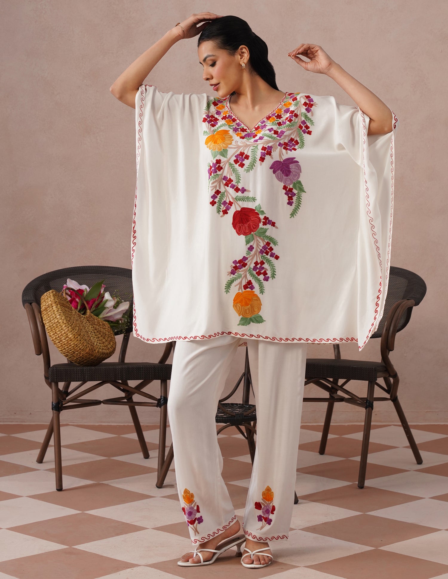 White Rayon Kaftan Set – Multicolor Aari Embroidery | Summer Ethnic Comfort Wear - Kashmir Box