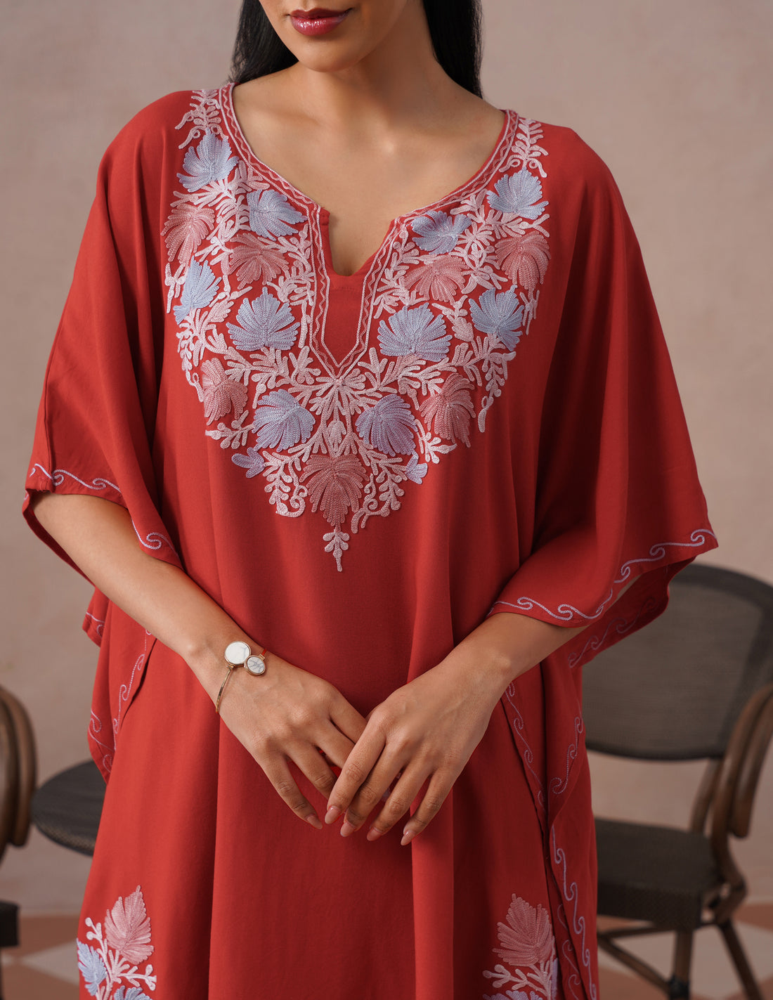 Red Rayon Kaftan Set – Multicolor Aari Embroidery | Comfortable Ethnic Wear - Kashmir Box
