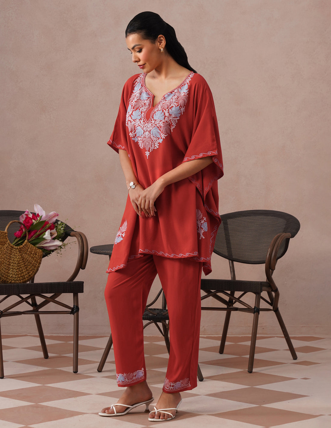Red Rayon Kaftan Set – Multicolor Aari Embroidery | Comfortable Ethnic Wear - Kashmir Box