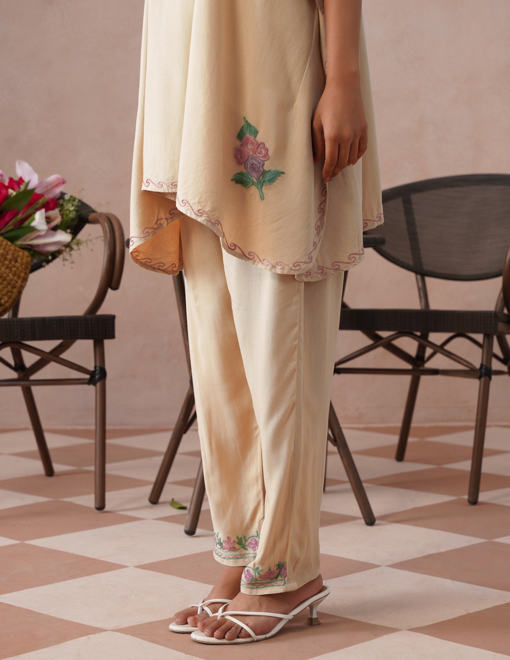 Fawn Rayon Kaftan Set – Multicolor Aari Embroidery | Neutral Everyday Ethnic Wear - Kashmir Box