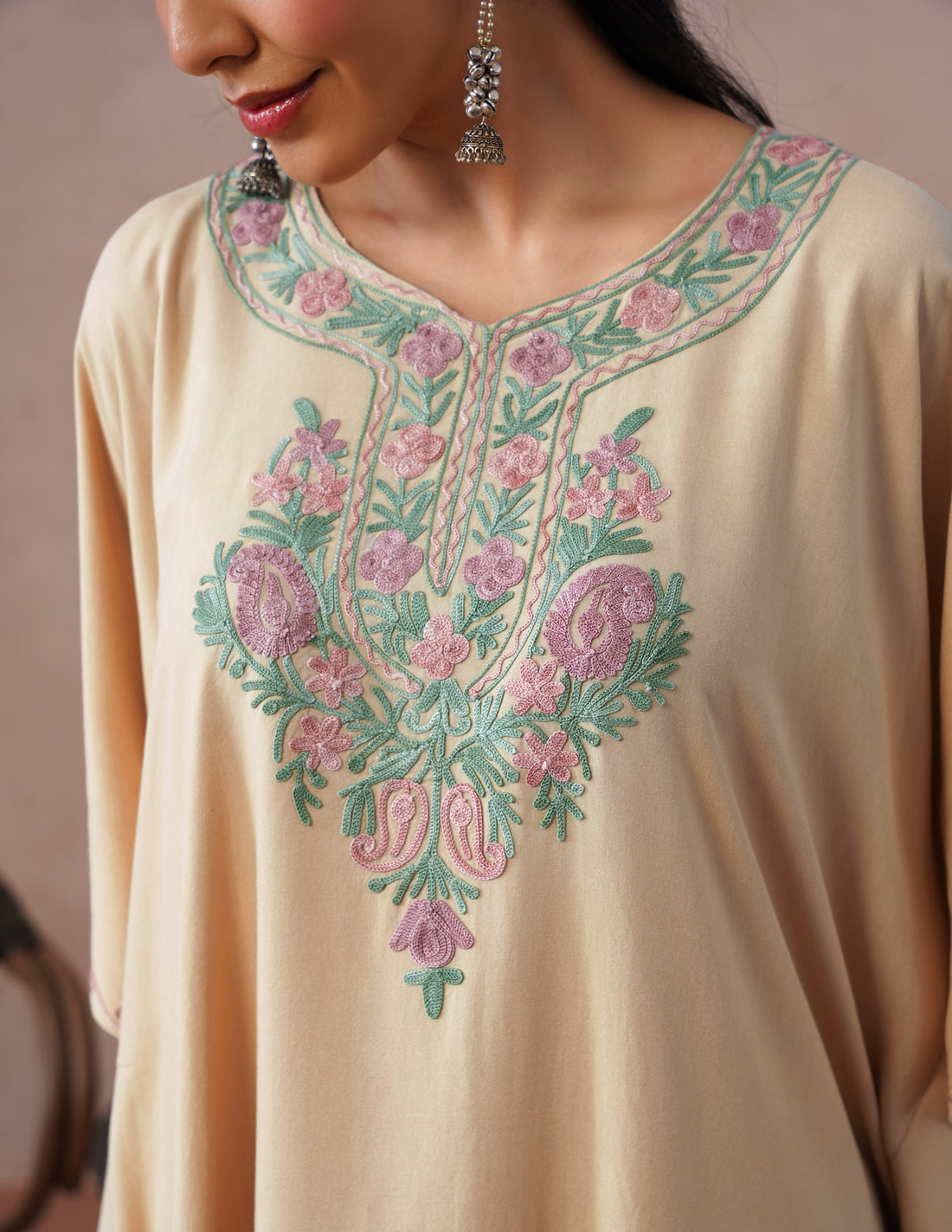Fawn Rayon Kaftan Set – Multicolor Aari Embroidery | Neutral Everyday Ethnic Wear - Kashmir Box