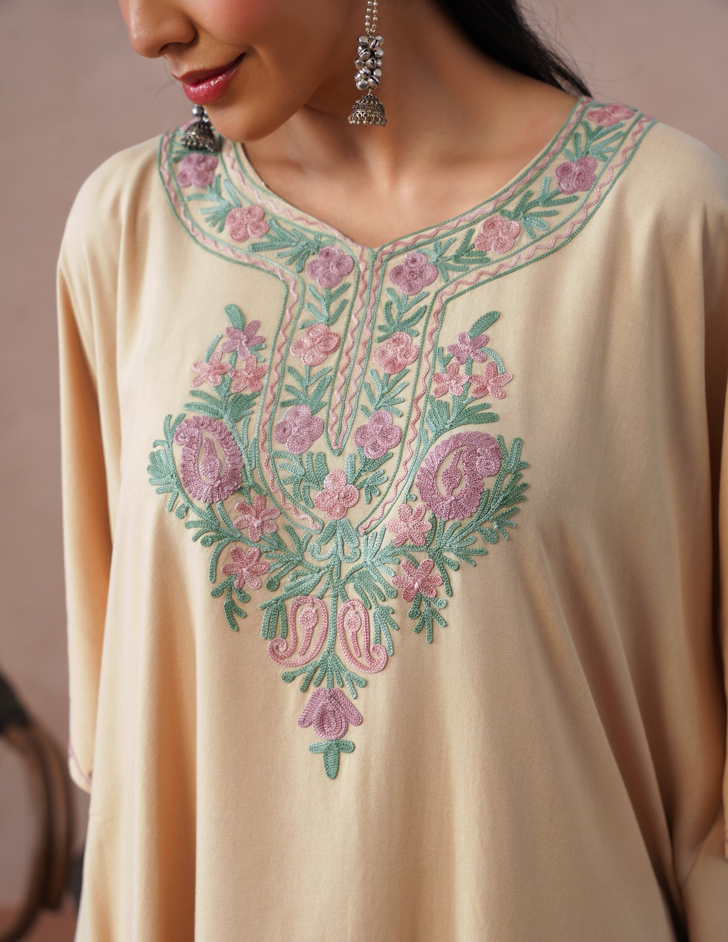 Fawn Rayon Kaftan Set – Multicolor Aari Embroidery | Neutral Everyday Ethnic Wear - Kashmir Box