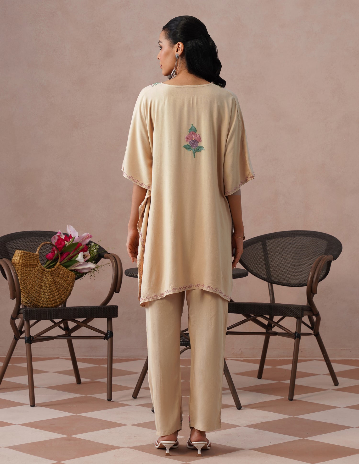 Fawn Rayon Kaftan Set – Multicolor Aari Embroidery | Neutral Everyday Ethnic Wear - Kashmir Box