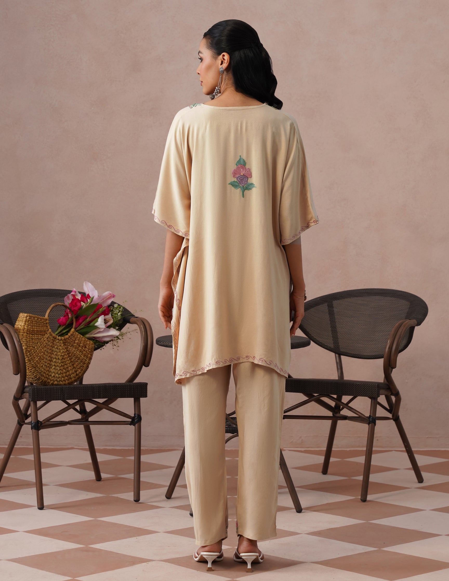 Fawn Rayon Kaftan Set – Multicolor Aari Embroidery | Neutral Everyday Ethnic Wear - Kashmir Box