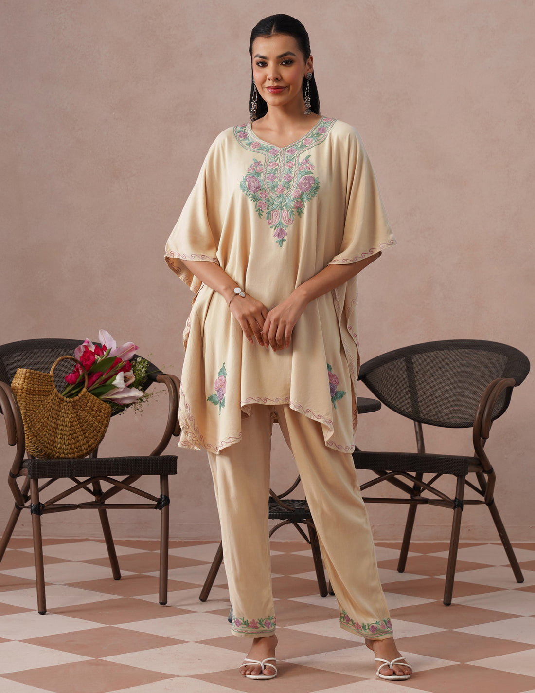 Fawn Rayon Kaftan Set – Multicolor Aari Embroidery | Neutral Everyday Ethnic Wear - Kashmir Box