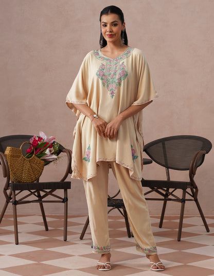 Fawn Rayon Kaftan Set – Multicolor Aari Embroidery | Neutral Everyday Ethnic Wear - Kashmir Box