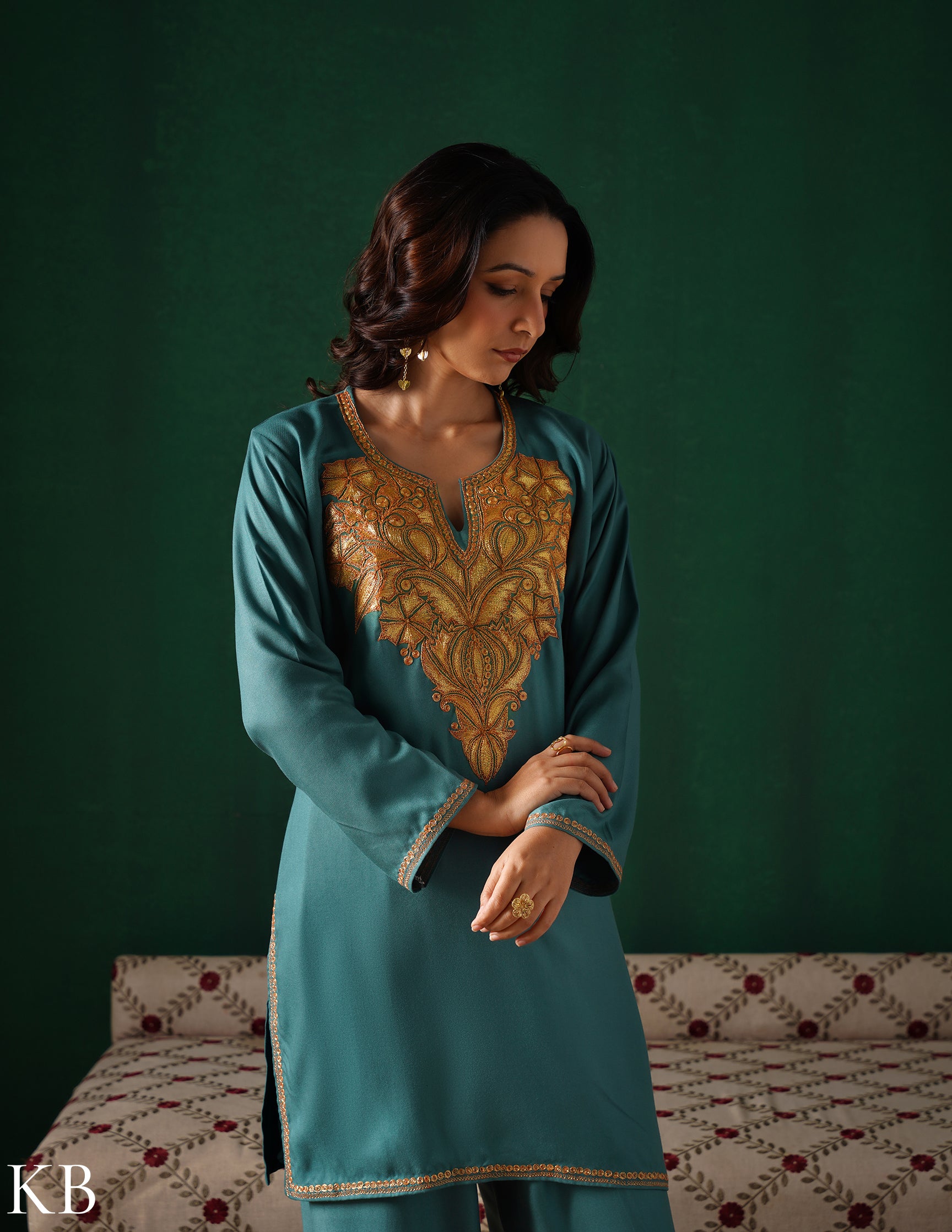 Kashmiri Golden Boti Tilla Embroidered Woollen Coordset – Sea Green | Handcrafted Heritage - Kashmir Box