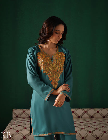 Kashmiri Golden Boti Tilla Embroidered Woollen Coordset – Sea Green | Handcrafted Heritage - Kashmir Box