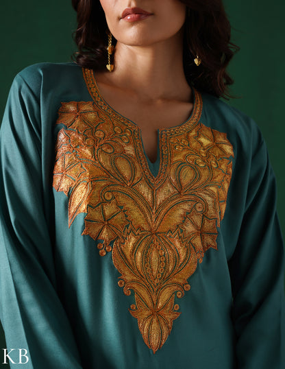 Kashmiri Golden Boti Tilla Embroidered Woollen Coordset – Sea Green | Handcrafted Heritage - Kashmir Box