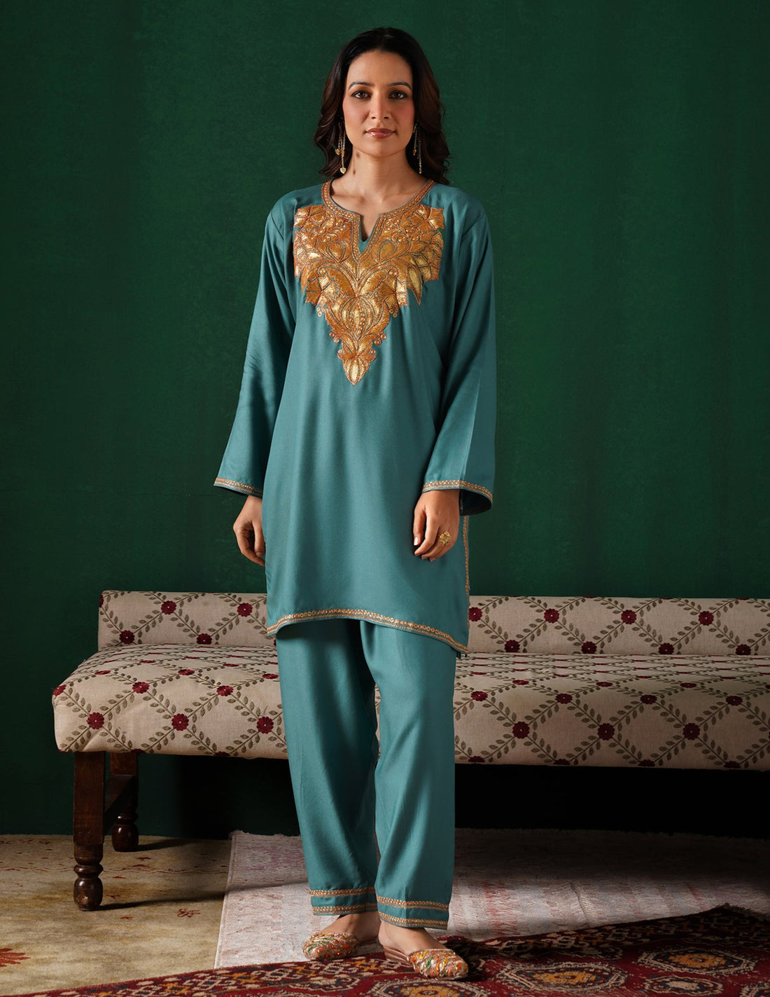 Kashmiri Golden Boti Tilla Embroidered Woollen Coordset – Sea Green | Handcrafted Heritage - Kashmir Box