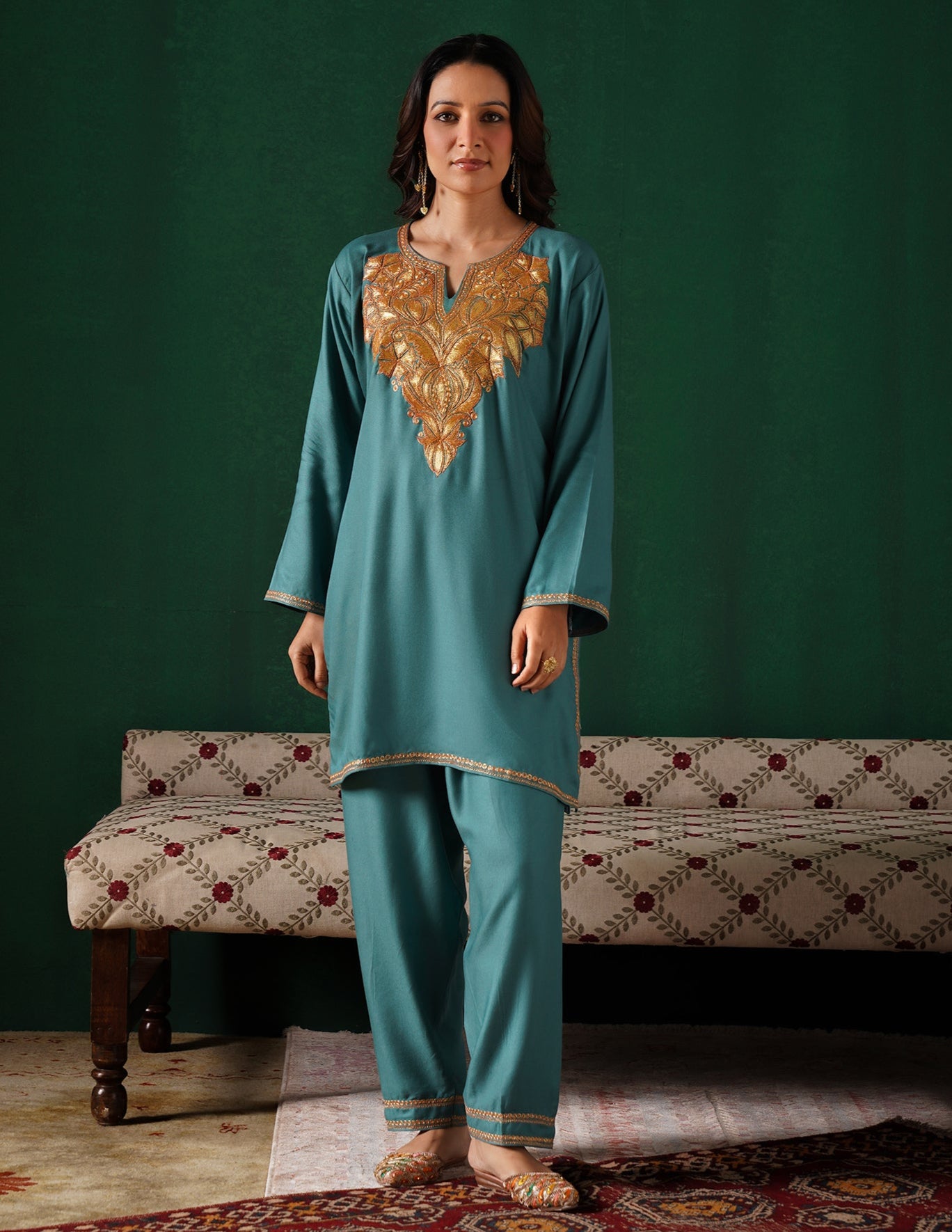 Kashmiri Golden Boti Tilla Embroidered Woollen Coordset – Sea Green | Handcrafted Heritage - Kashmir Box