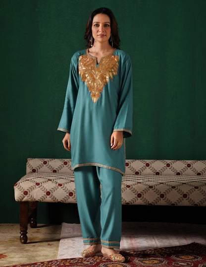 Kashmiri Golden Boti Tilla Embroidered Woollen Coordset – Sea Green | Handcrafted Heritage - Kashmir Box
