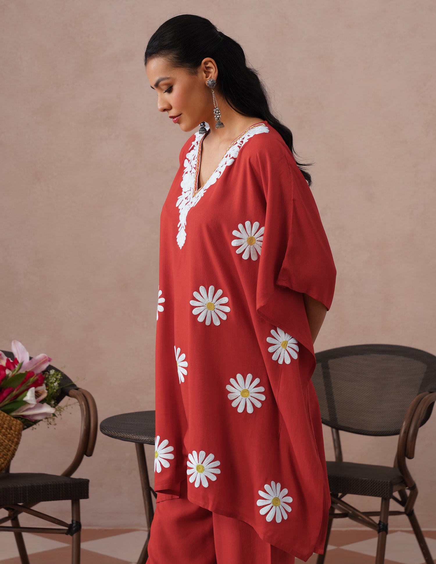 Blush Maroon Rayon Kaftan Set – White Aari Embroidery | Elegant Comfort Wear - Kashmir Box