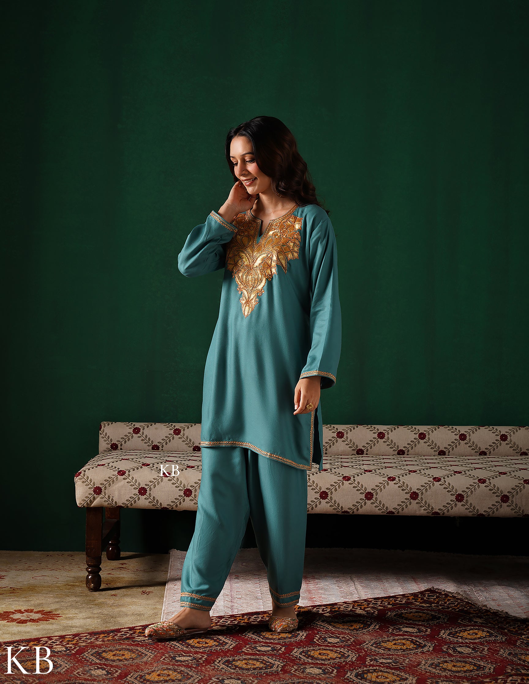 Kashmiri Golden Boti Tilla Embroidered Woollen Coordset – Sea Green | Handcrafted Heritage - Kashmir Box