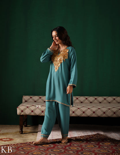Kashmiri Golden Boti Tilla Embroidered Woollen Coordset – Sea Green | Handcrafted Heritage - Kashmir Box