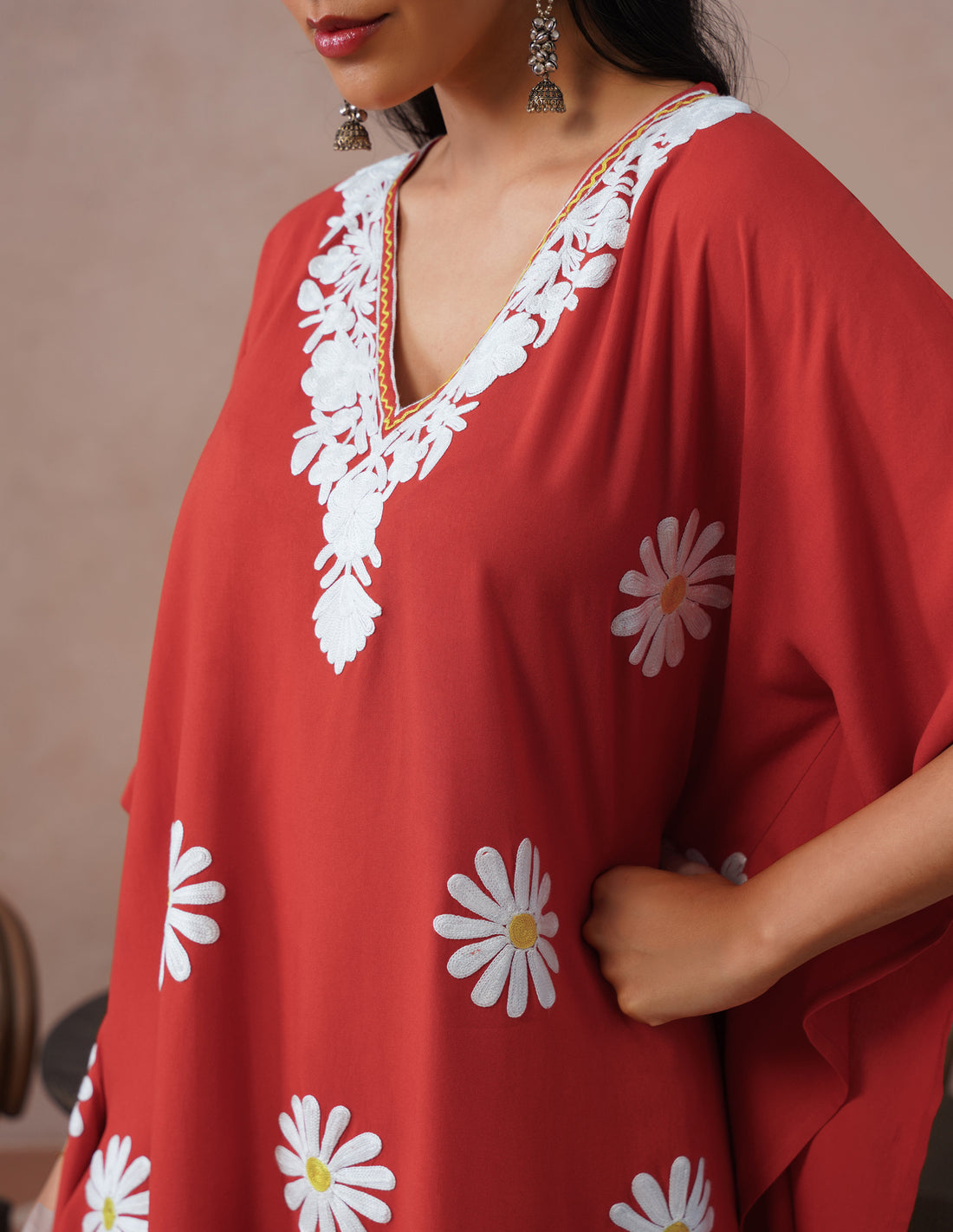 Blush Maroon Rayon Kaftan Set – White Aari Embroidery | Elegant Comfort Wear - Kashmir Box