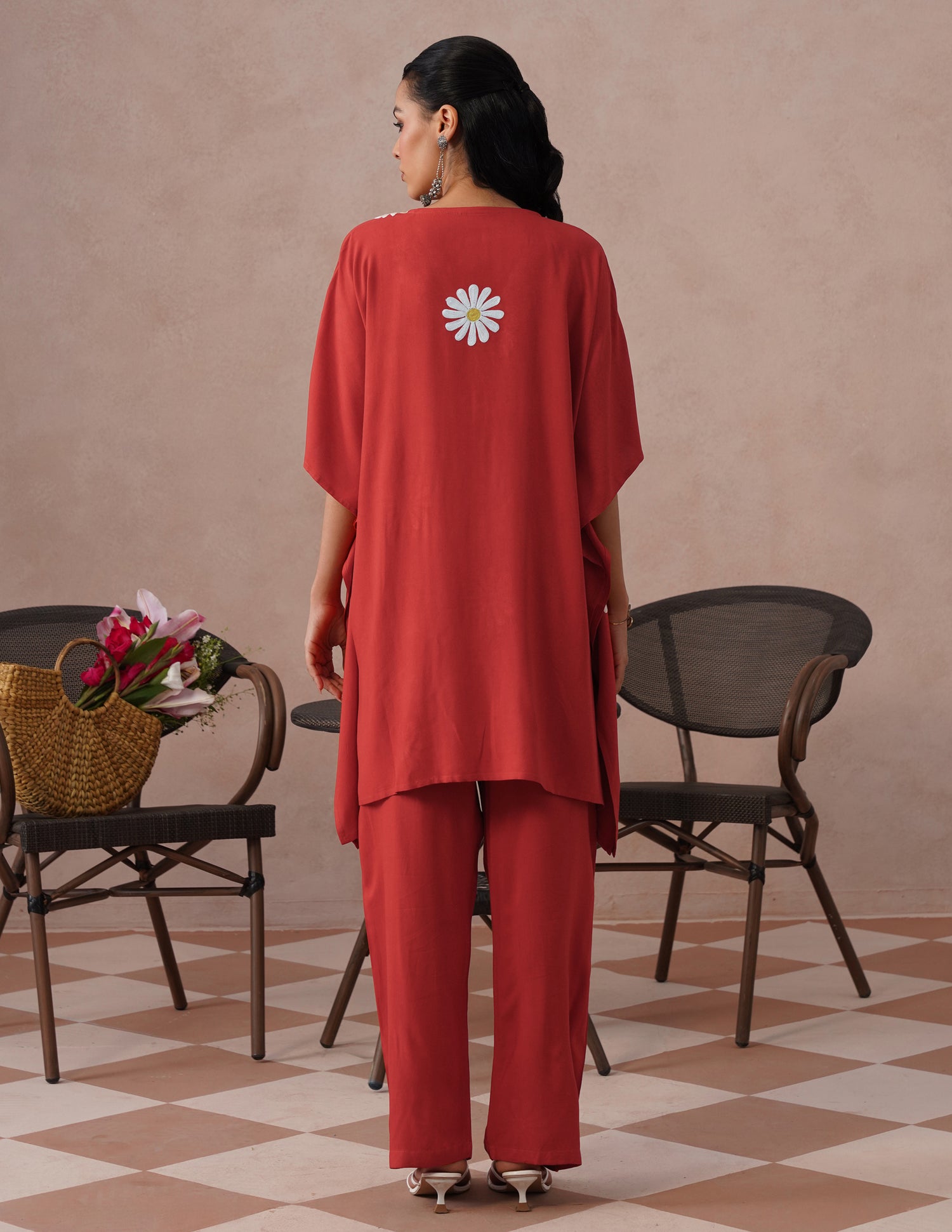 Blush Maroon Rayon Kaftan Set – White Aari Embroidery | Elegant Comfort Wear - Kashmir Box