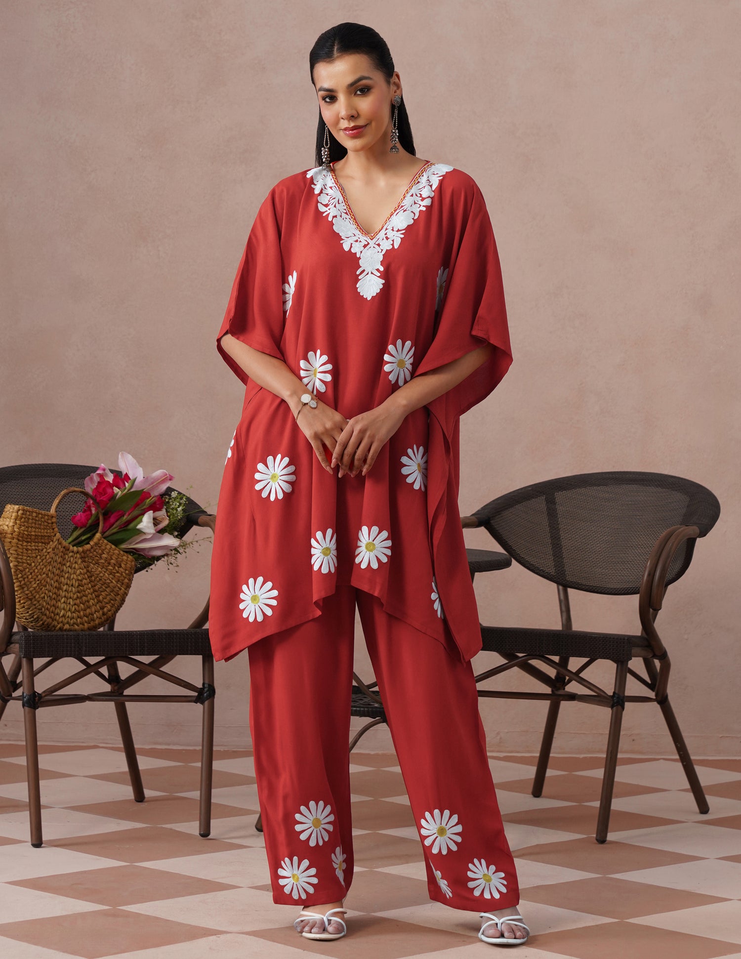 Blush Maroon Rayon Kaftan Set – White Aari Embroidery | Elegant Comfort Wear - Kashmir Box