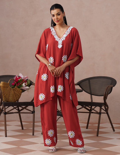Blush Maroon Rayon Kaftan Set – White Aari Embroidery | Elegant Comfort Wear - Kashmir Box