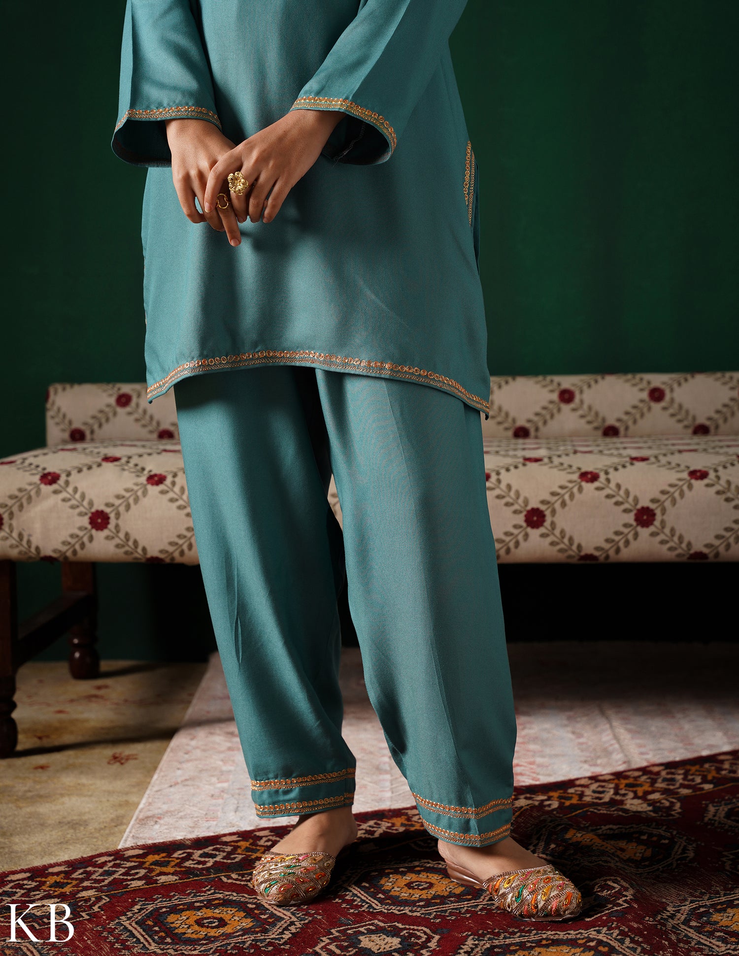 Kashmiri Golden Boti Tilla Embroidered Woollen Coordset – Sea Green | Handcrafted Heritage - Kashmir Box