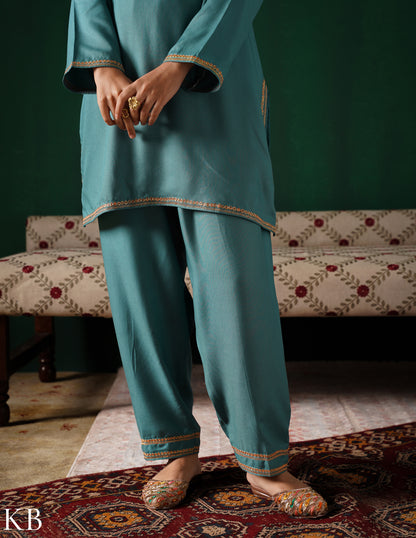 Kashmiri Golden Boti Tilla Embroidered Woollen Coordset – Sea Green | Handcrafted Heritage - Kashmir Box