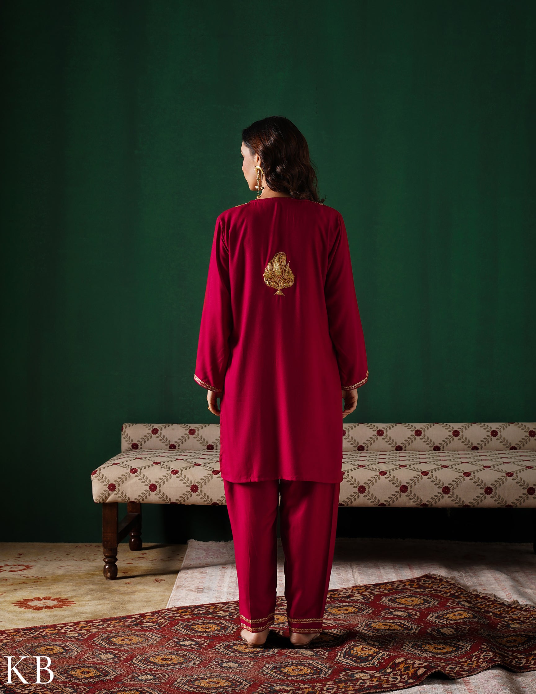Kashmiri Golden Boti Tilla Embroidered Woollen Coordset – Maroon | Handcrafted Heritage - Kashmir Box