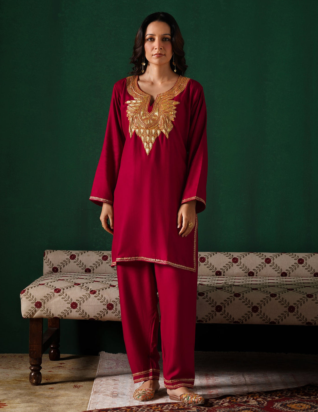 Kashmiri Golden Boti Tilla Embroidered Woollen Coordset – Maroon | Handcrafted Heritage - Kashmir Box