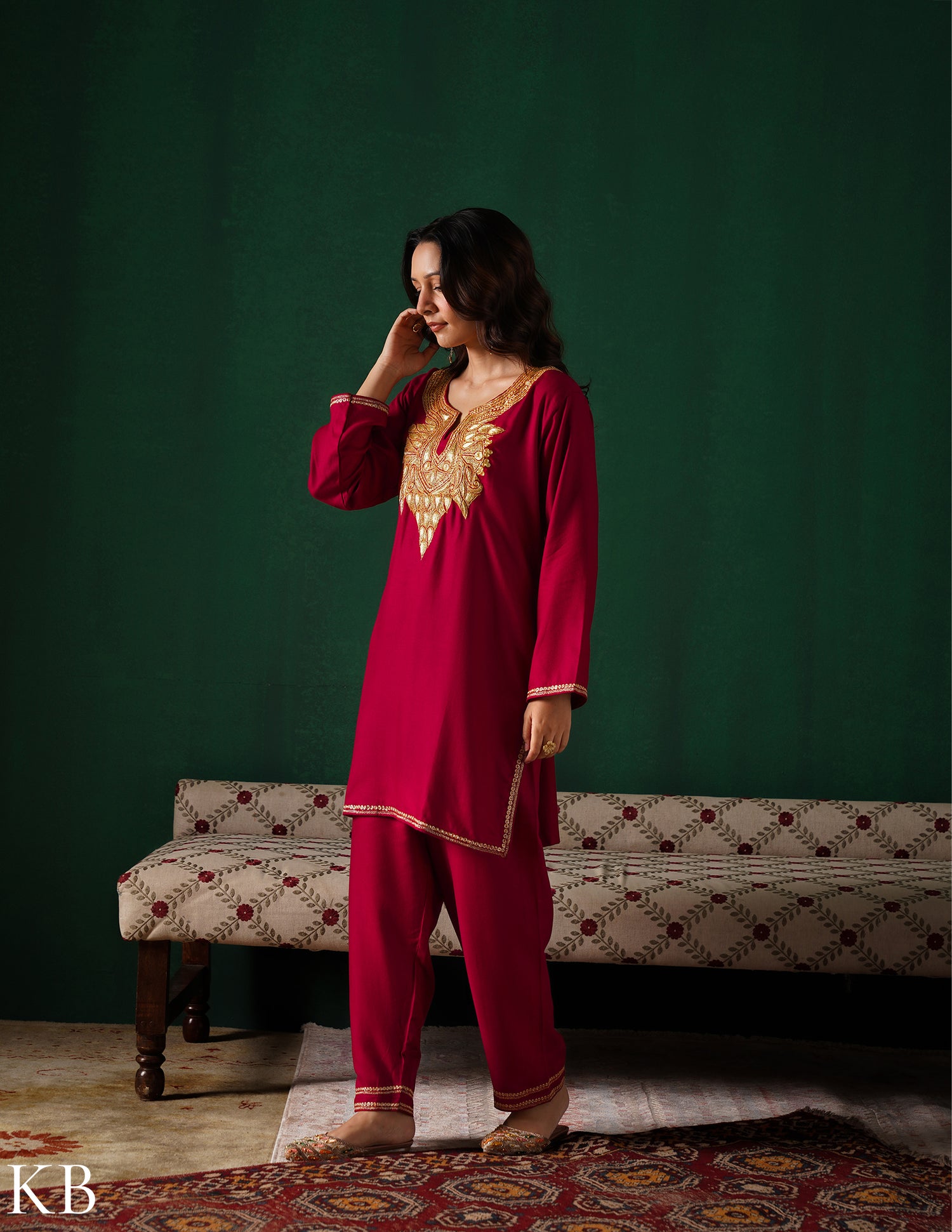 Kashmiri Golden Boti Tilla Embroidered Woollen Coordset – Maroon | Handcrafted Heritage - Kashmir Box