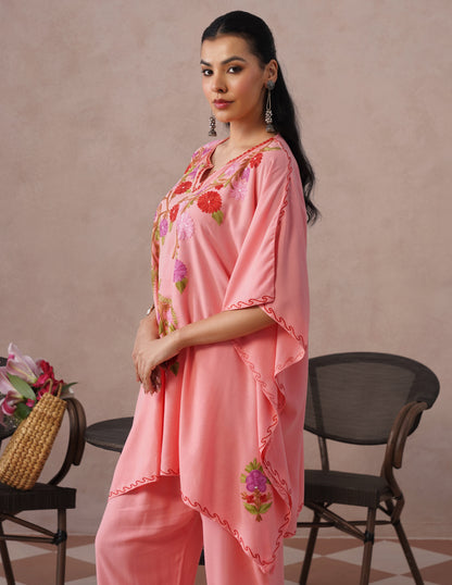 Pink Rayon Kaftan Set – Multicolor Aari Embroidery | Comfortable Casual Ethnic Wear - Kashmir Box