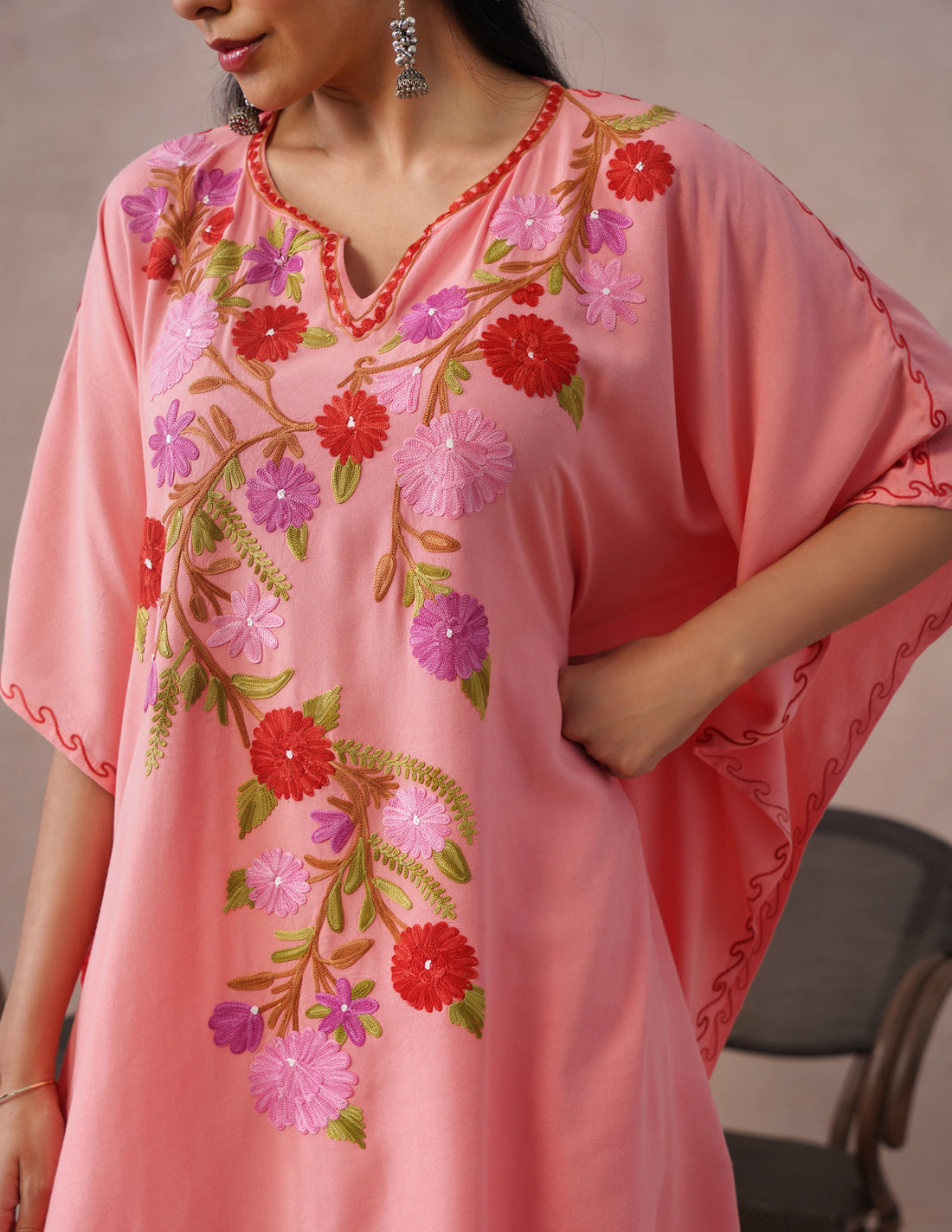 Pink Rayon Kaftan Set – Multicolor Aari Embroidery | Comfortable Casual Ethnic Wear - Kashmir Box