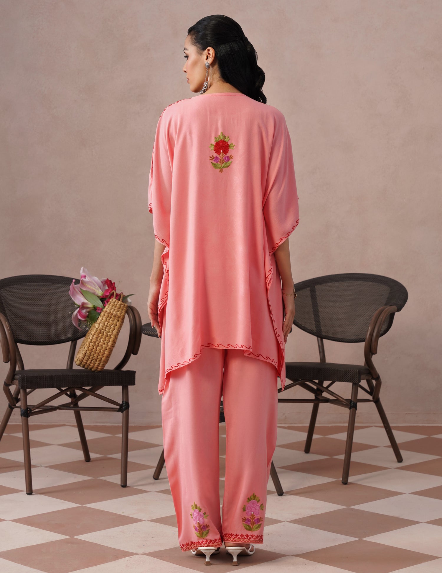 Pink Rayon Kaftan Set – Multicolor Aari Embroidery | Comfortable Casual Ethnic Wear - Kashmir Box