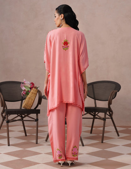 Pink Rayon Kaftan Set – Multicolor Aari Embroidery | Comfortable Casual Ethnic Wear - Kashmir Box