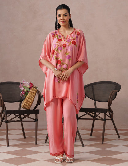 Pink Rayon Kaftan Set – Multicolor Aari Embroidery | Comfortable Casual Ethnic Wear - Kashmir Box