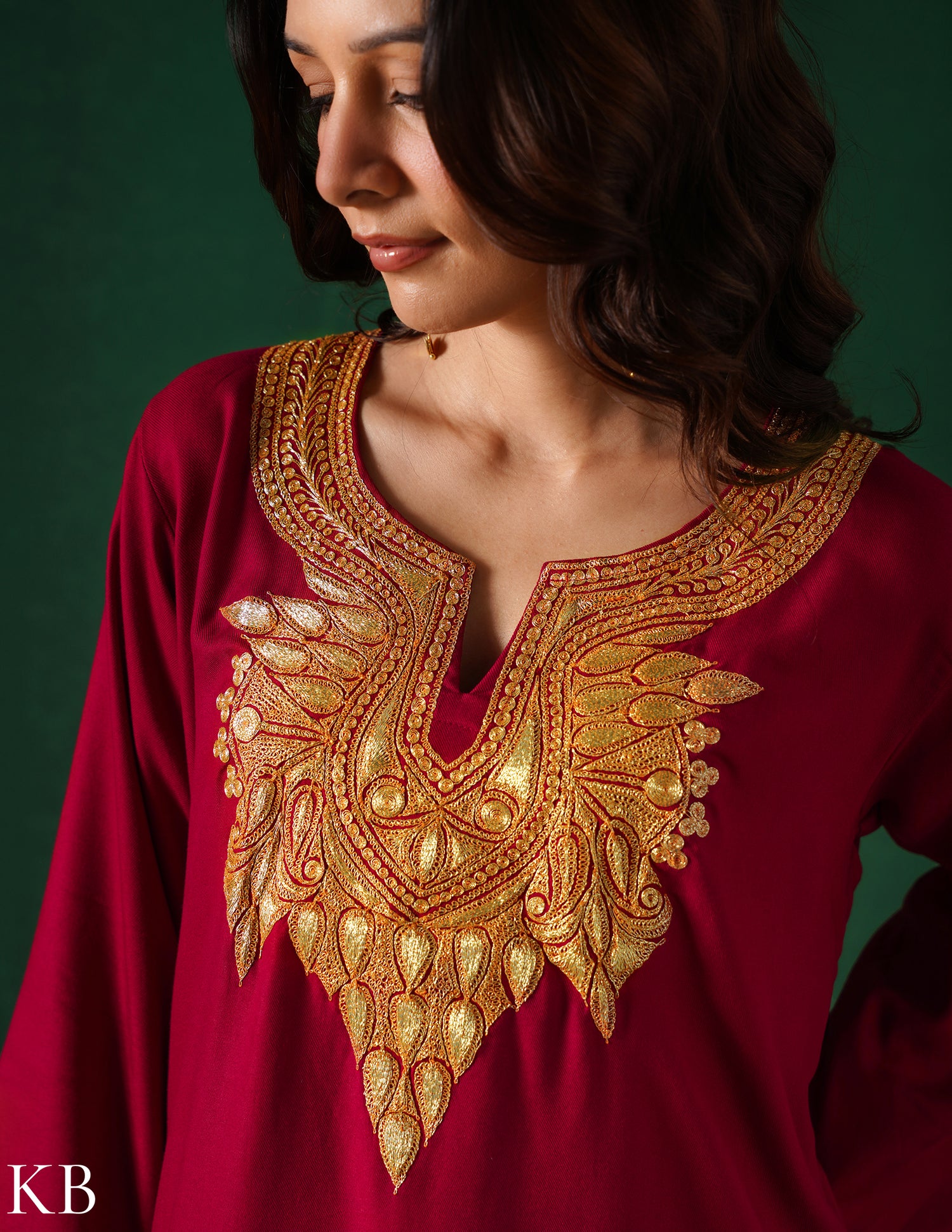 Kashmiri Golden Boti Tilla Embroidered Woollen Coordset – Maroon | Handcrafted Heritage - Kashmir Box