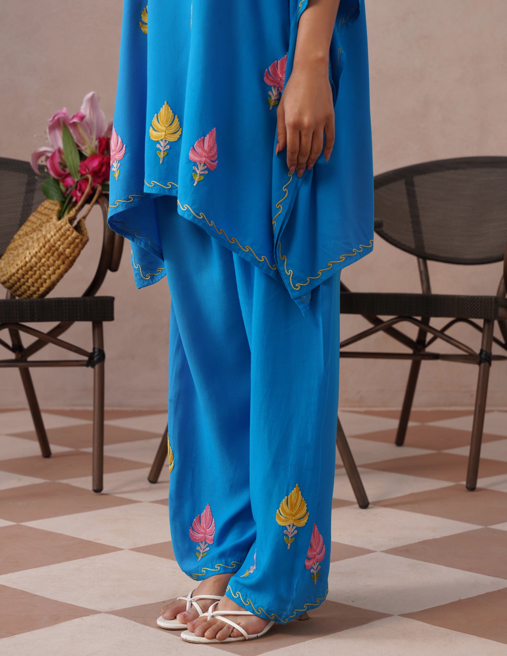 Blue Rayon Kaftan Set – Multicolor Embroidery | Everyday Comfort Ethnic Wear - Kashmir Box