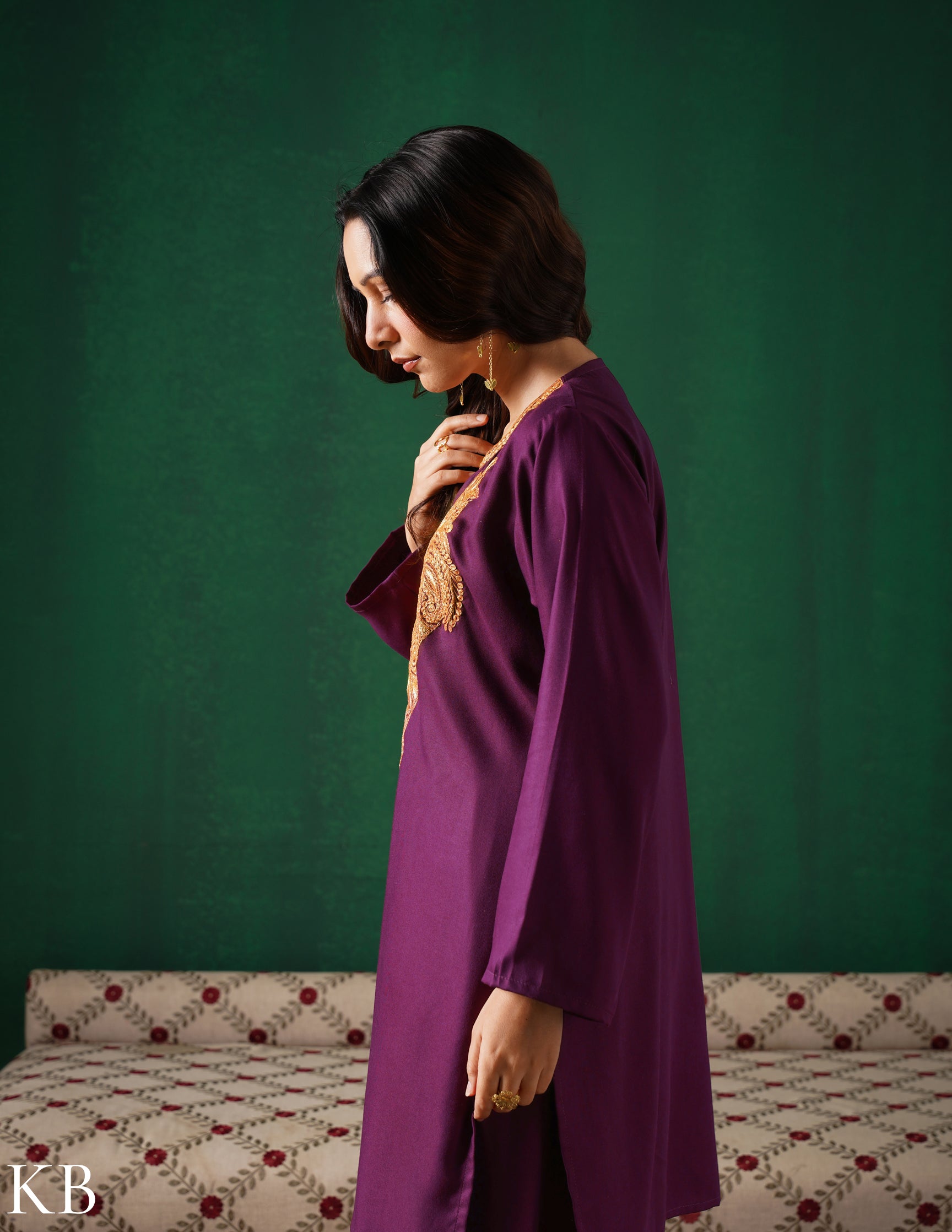 Kashmiri Golden Boti Tilla Embroidered Woollen Coordset – Wine | Handcrafted Heritage - Kashmir Box