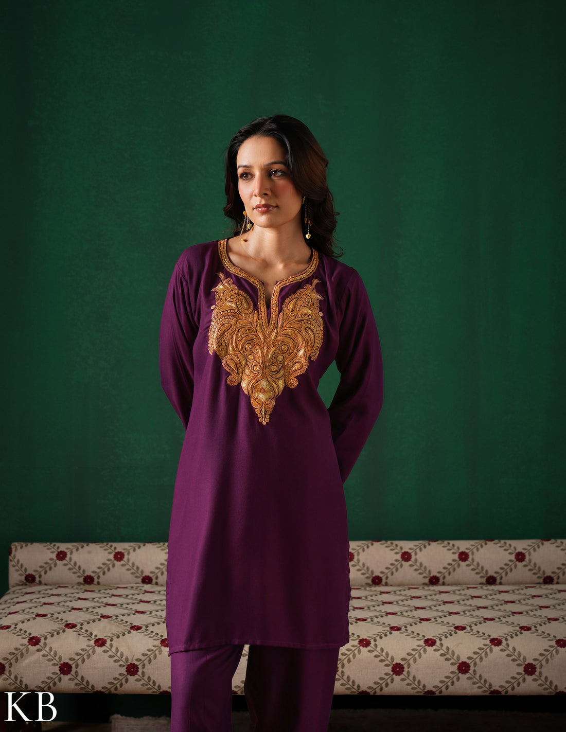 Kashmiri Golden Boti Tilla Embroidered Woollen Coordset – Wine | Handcrafted Heritage - Kashmir Box