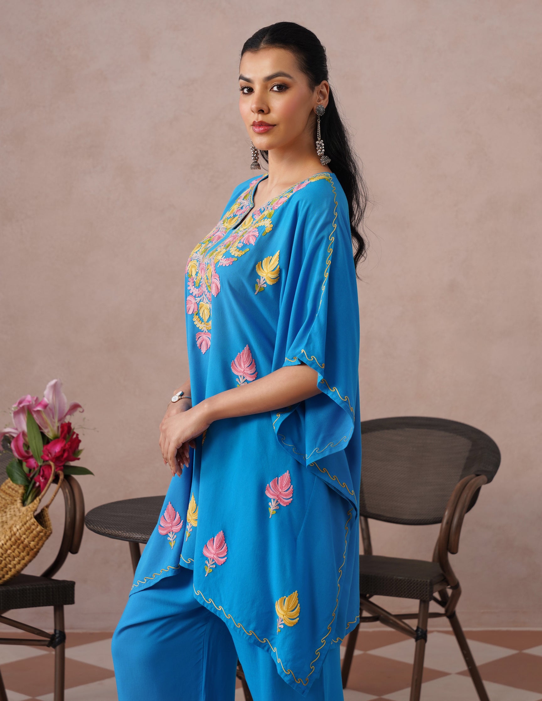 Blue Rayon Kaftan Set – Multicolor Embroidery | Everyday Comfort Ethnic Wear - Kashmir Box