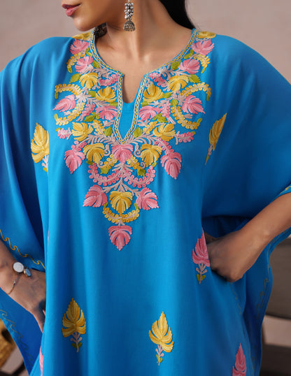 Blue Rayon Kaftan Set – Multicolor Embroidery | Everyday Comfort Ethnic Wear - Kashmir Box
