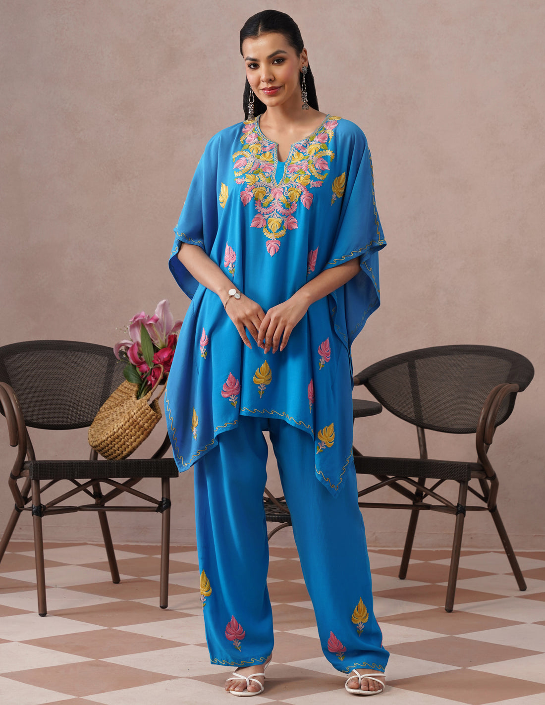 Blue Rayon Kaftan Set – Multicolor Embroidery | Everyday Comfort Ethnic Wear - Kashmir Box