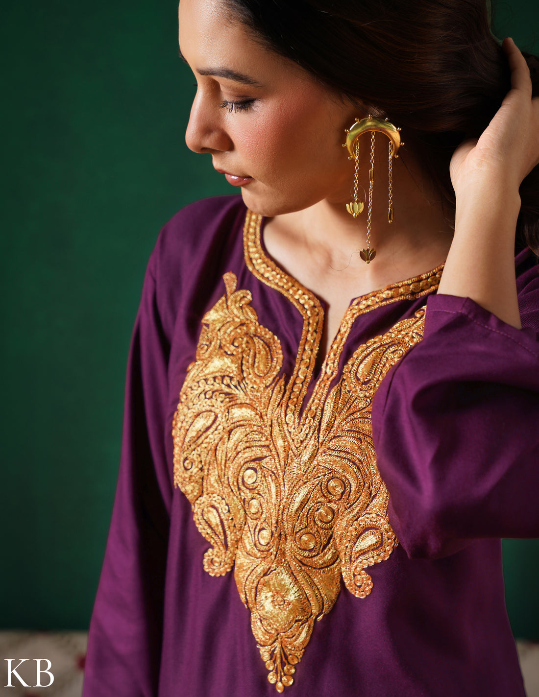 Kashmiri Golden Boti Tilla Embroidered Woollen Coordset – Wine | Handcrafted Heritage - Kashmir Box