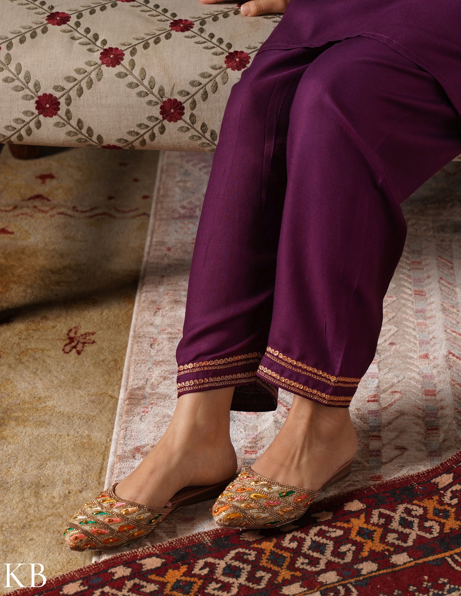 Kashmiri Golden Boti Tilla Embroidered Woollen Coordset – Wine | Handcrafted Heritage - Kashmir Box